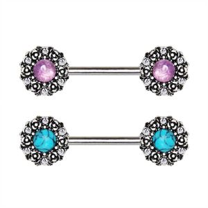 Medieval Rose Nipple Bar with Stone Inlay